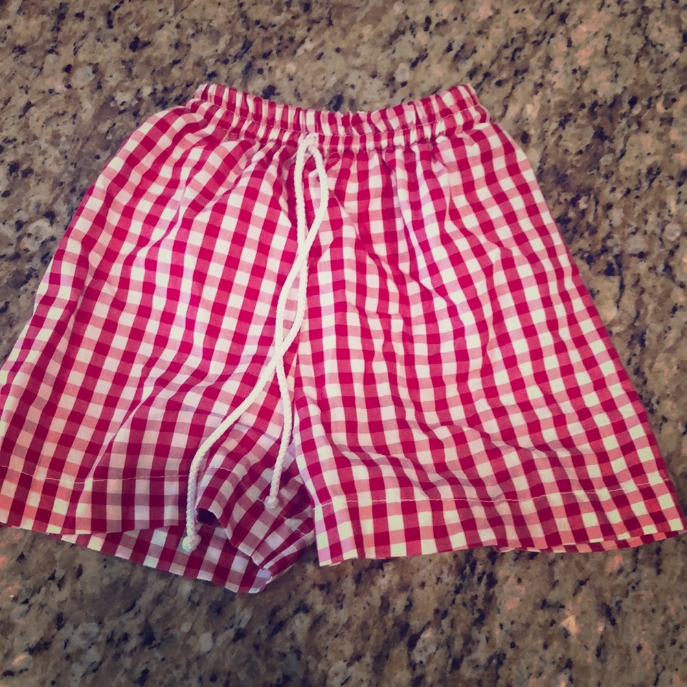 Little boy 👦🏼 9month RED gingham swim trunks